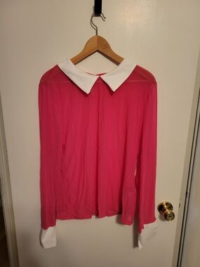 SHEIN Hot Pink Long-Sleeve Blouse with White Peter Pan Collar and Cuffs